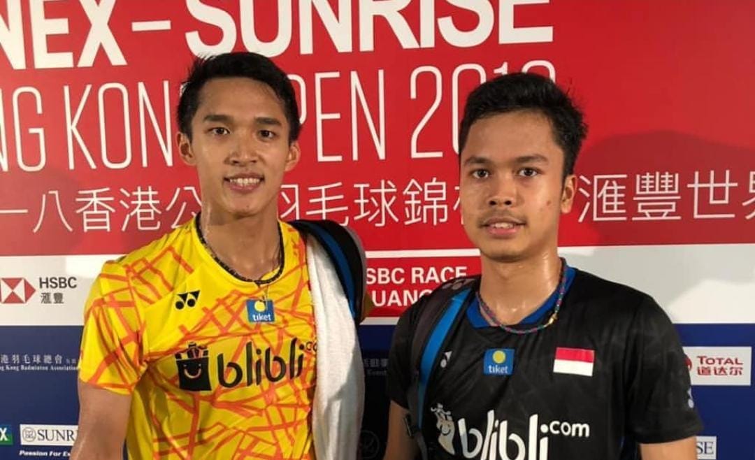 Jonatan Christie dan Anthony Ginting usai semifinal Hong Kong Open 2019. Instagram.com/badminton.ina