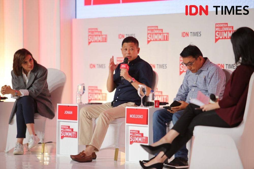 Najwa Shihab, Ignasius Jonan dan Moeldoko saat menghadiri IMS 2019 by IDN Times