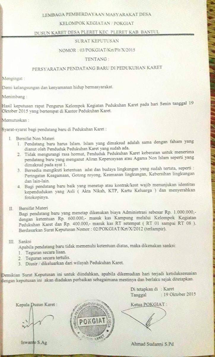 (Aturan yang melarang warga non-Muslim tinggal di Desa Pleret) Istimewa