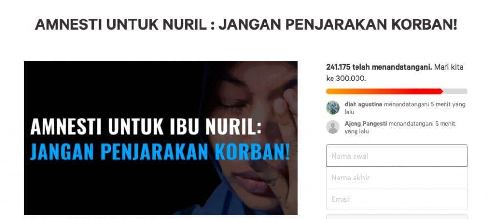 (Petisi untuk mendorong amnesti bagi Baiq Nuril) screen shot dari www.change.org