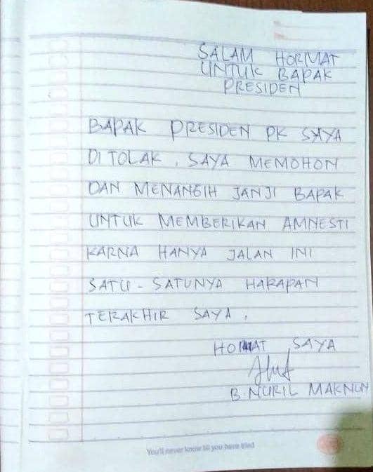 (Surat Baiq Nuril kepada Presiden Jokowi) Dokumentasi SAFEnet