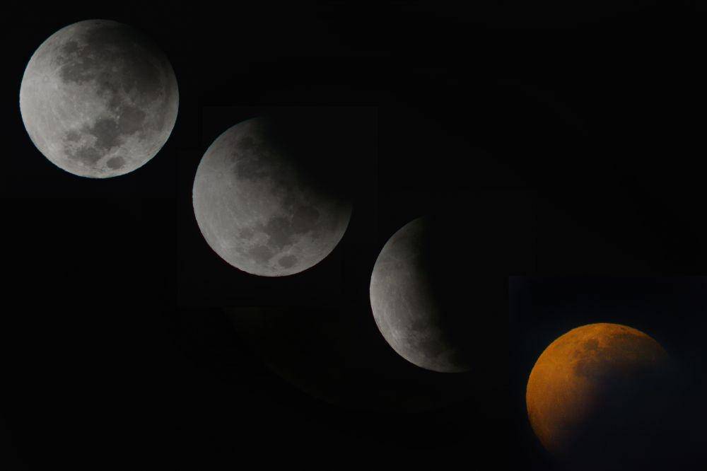 Foto kolase gerhana bulan sebagian dari fase awal (kiri), puncak gerhana sebagian (kedua kanan) dan fase akhir (kanan) yang terpantau dari Denpasar, Bali. ANTARA FOTO/Nyoman Budhiana