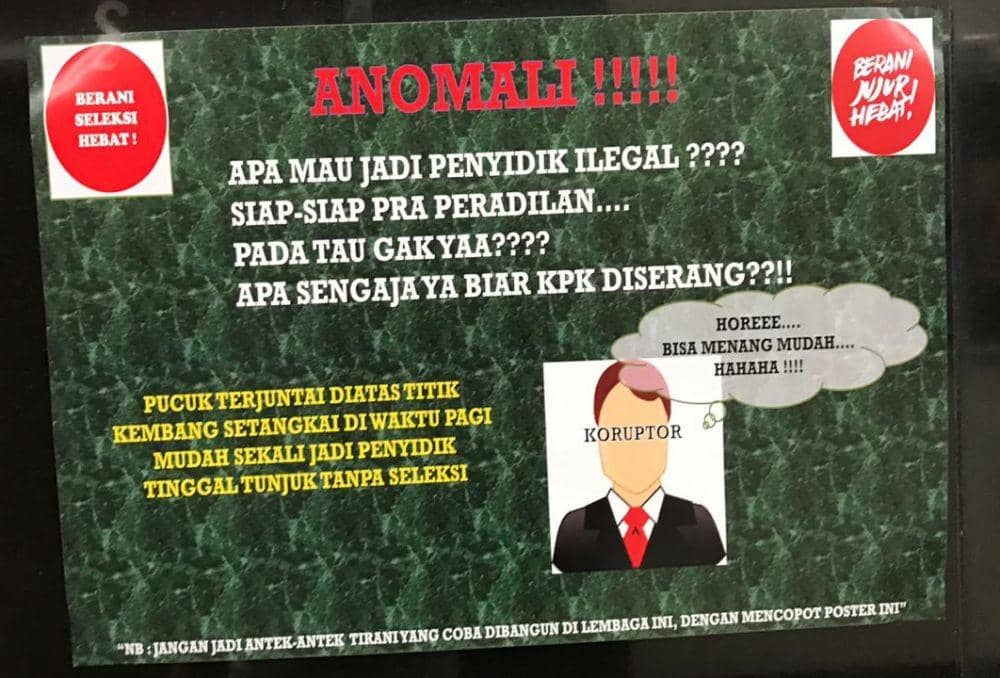 (Poster penolakan pelantikan penyidik internal yang sempat dipajang di beberapa tempat di gedung KPK) Istimewa
