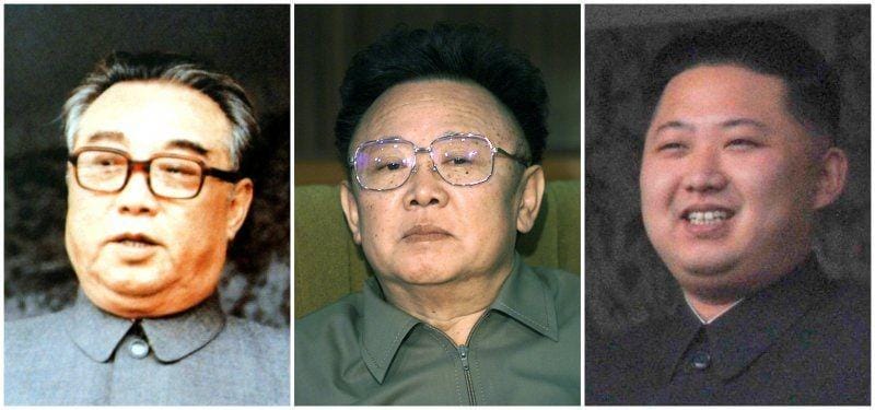 Potret Kim Il-sung, Kim Jong-il dan Kim Jong-un. ANTARA FOTO/REUTERS/Handout (ki), Staff (tengah), Kyodo (ka)/File Photo