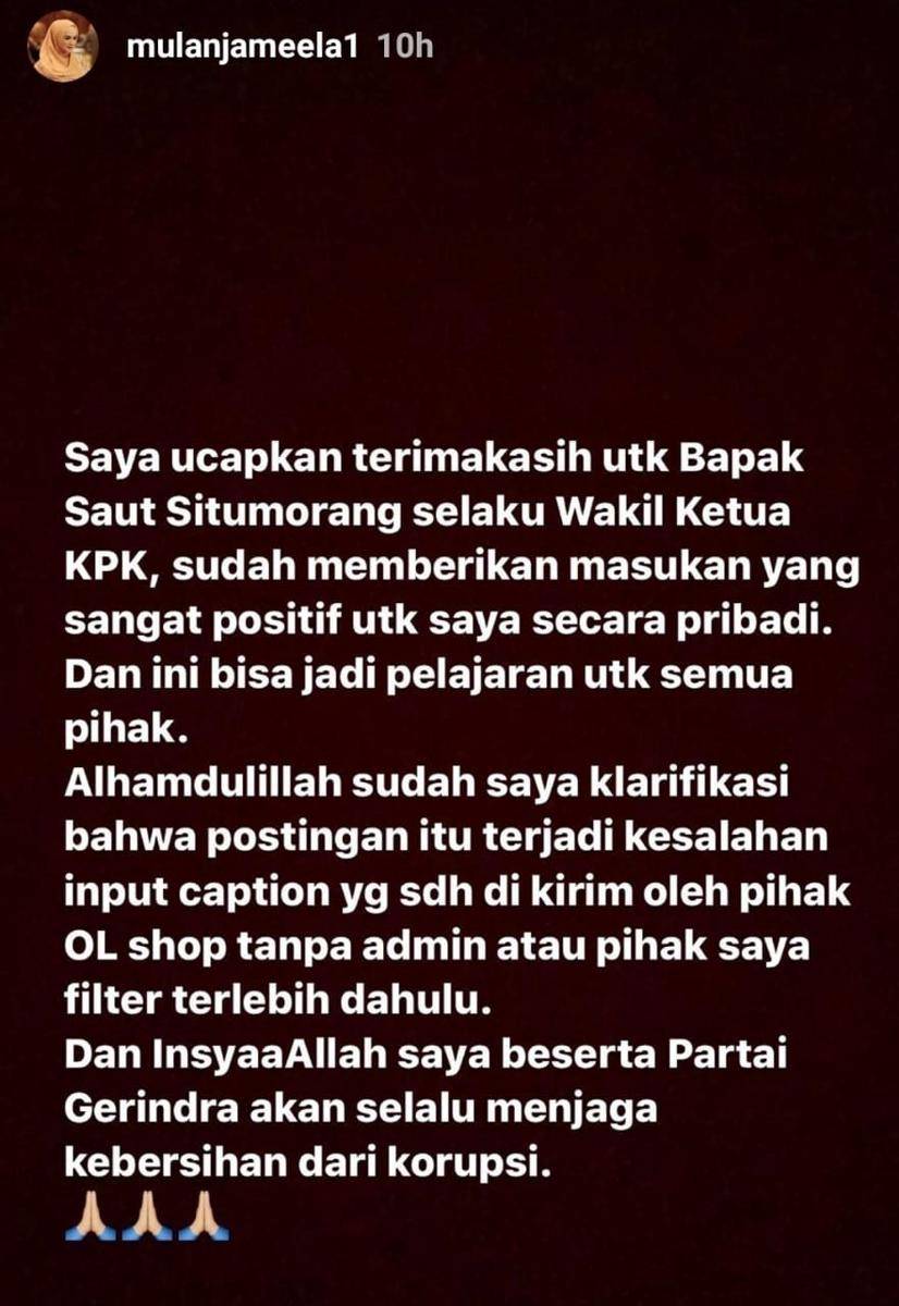 (Klarifikasi Mulan Jameela) tangkapan layar Insta Story