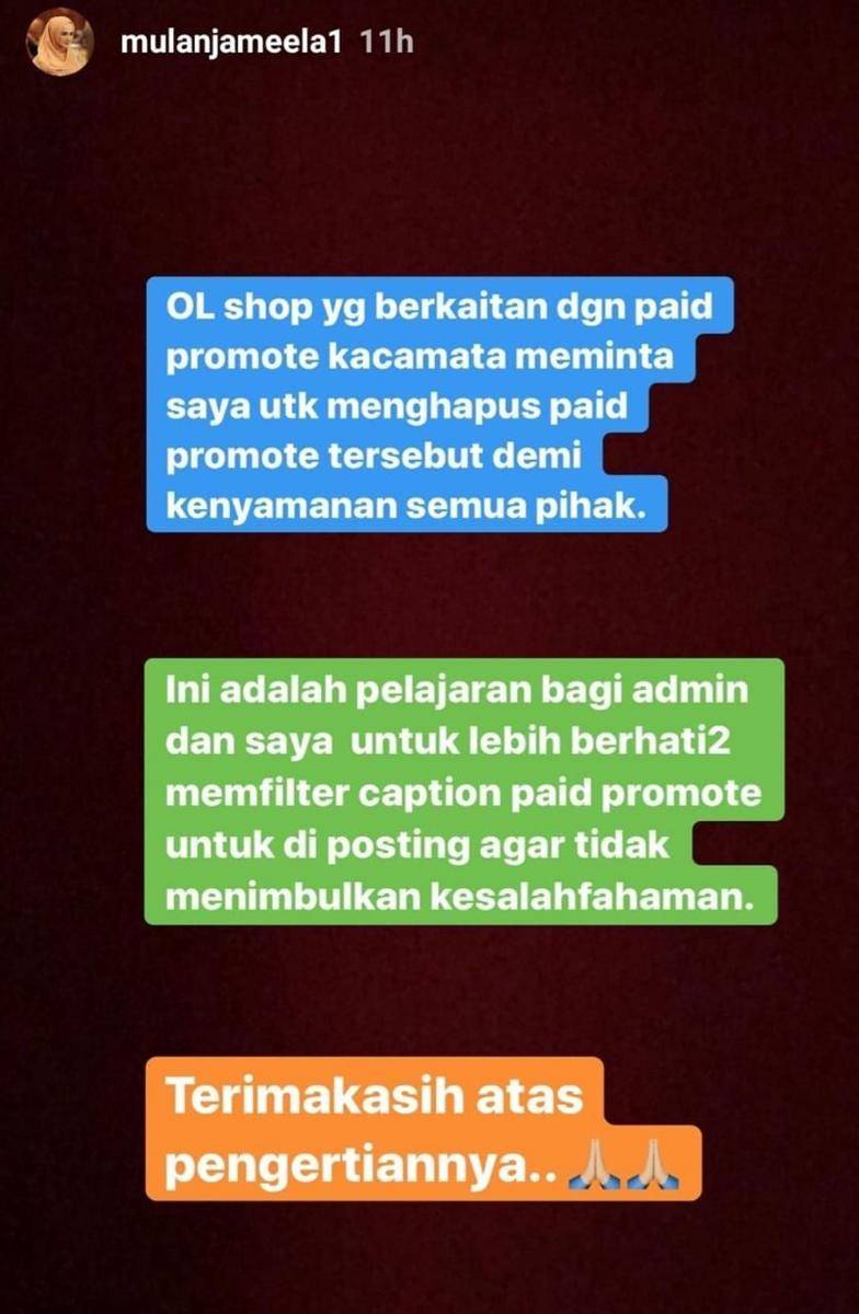 (Klarifikasi Mulan Jameela) tangkapan layar Insta Story