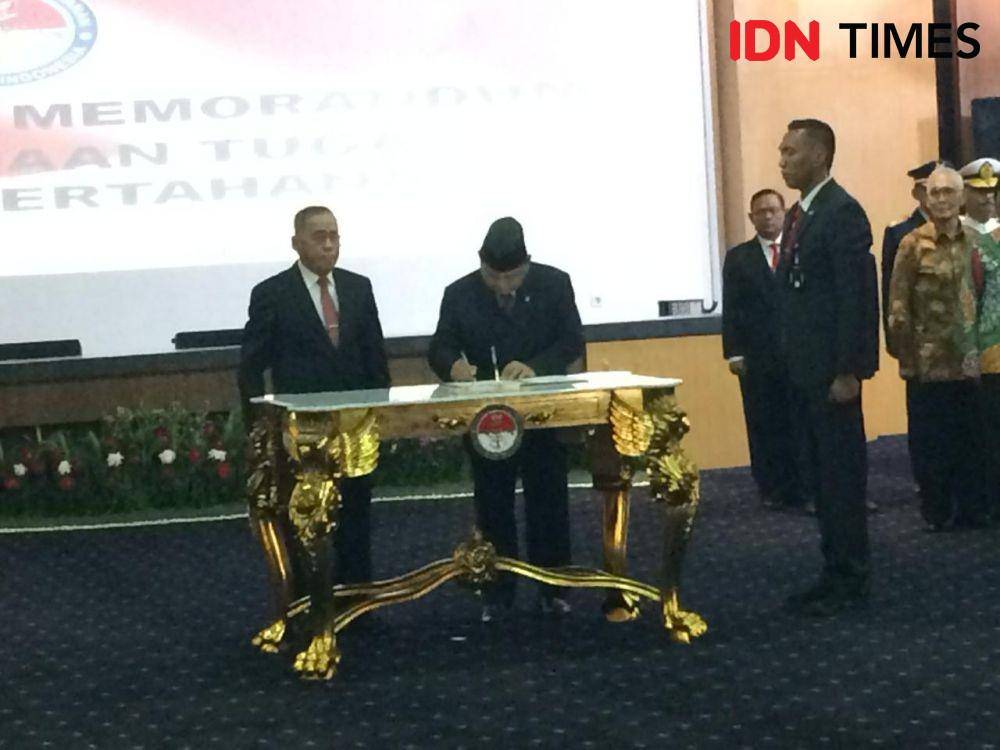Prabowo Subianto saat sertijab di gedung Kemenhan, Jakarta. IDN Times/IRfan Fathurohman
