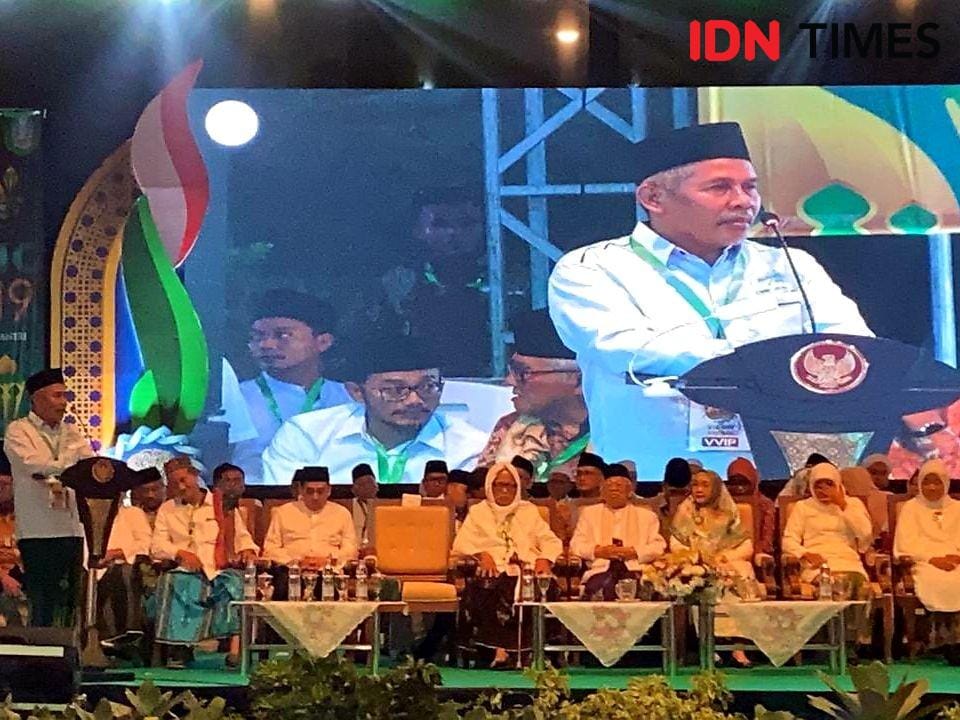 Ketua PWNU Jatim KH Marzuki Mustamar memberikan sambutan pada acara SCNC 2019 di Kantor PWNU Jatim, Minggu malam (27/10). IDN Times/Ardiansyah Fajar.