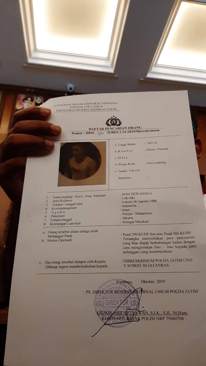 Surat penetapan DPO atas Soni Dewangga sebagai muncikari kasus prostitusi daring. IDN Times/Dok. Istimewa