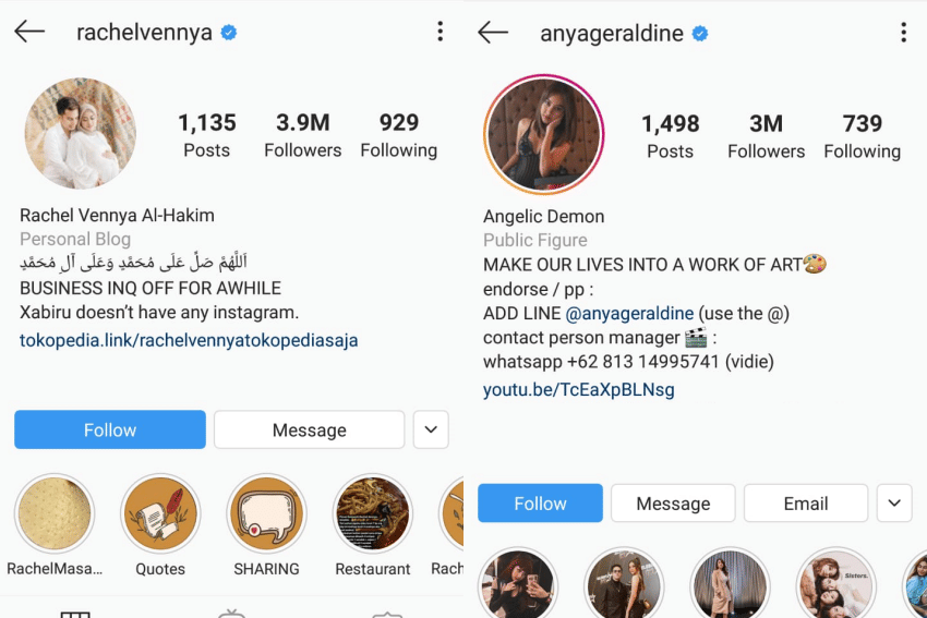 Instagram.com/rachelvennya dan Instagram.com/anyageraldine