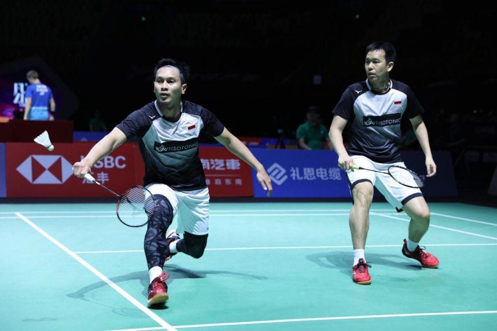 Aksi Hendra/Ahsan di babak kedua Hong Kong Open 2019, Kamis (14/11). IDN Times/PBSI