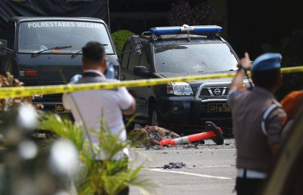 (Tempat kejadian perkara bom bunuh diri di Polrestabes Medan) ANTARA FOTO/Irsan Mulyadi