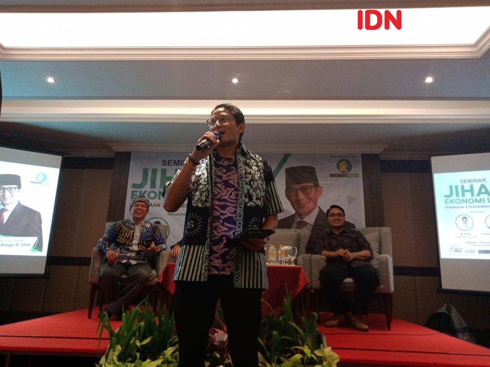 Sandiaga Uno saat menghadiri acara Seminar dan Diskusi Jihad Ekonomi Melalui Pengembangan UMKM di Hotel Grand Dafam Rohan, Bantul, DIY, Kamis (14/11). (IDN Times/Tunggul Kumoro)