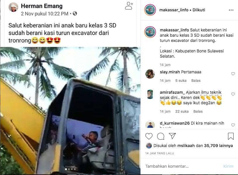Bocil kelas III SD yang mengemudikan eskavator turun dari truk 10 roda