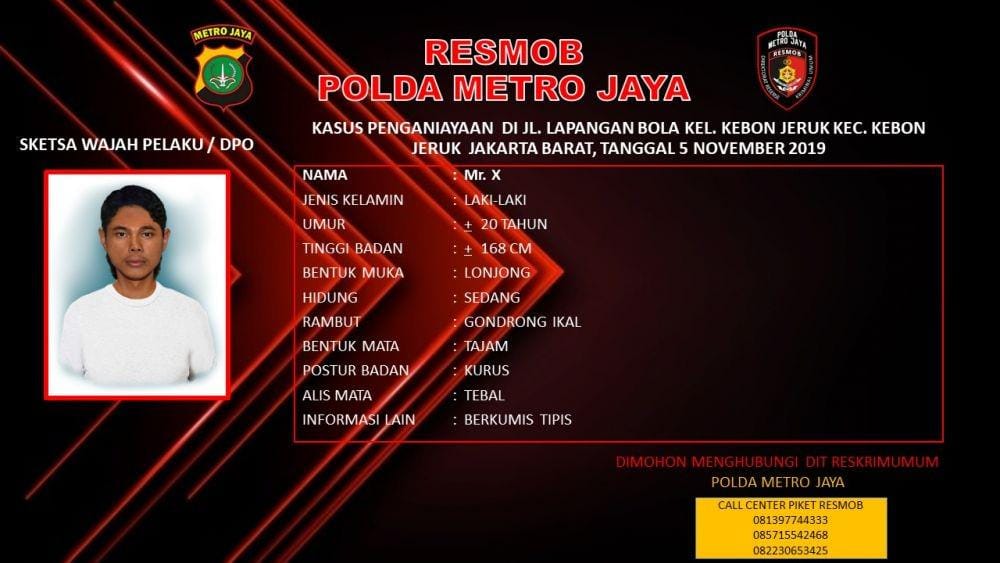 Sketsa wajah terduga pelaku penyiraman air keras di Kebon Jeruk (Dok. Istimewa)