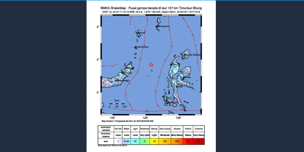 Gempa M 5,9 guncang Bitung, Sulawesi Utara, pada Sabtu (16/11) petang. Twitter/infoBMKG