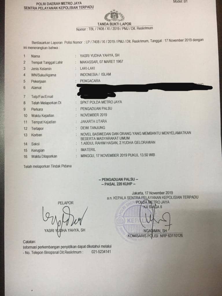 Dokumen pelaporan ke Polda Metro Jaya atas nama Dewi Tanjung. (Istimewa)