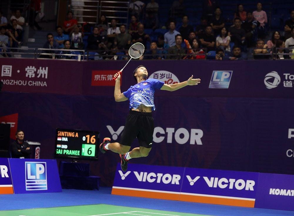 Aksi Anthony Sinisuka Ginting di ajang Victor China Open 2019. bwfbadminton.com