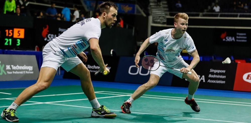 Ganda putra asal Denmark, Kim Astrup/Anders Rasmussen di ajang Singapore Open. Bwfbadminton.com