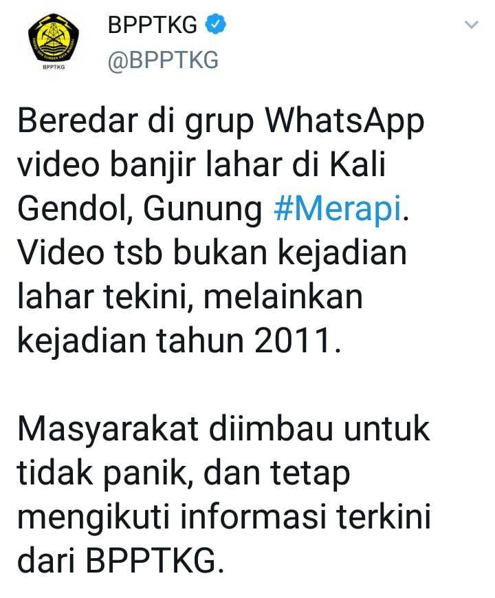 BPTTKG menyampaikan Video banjir lahar Merapi adalah hoaks. Sumber: Twitter BPPTKG