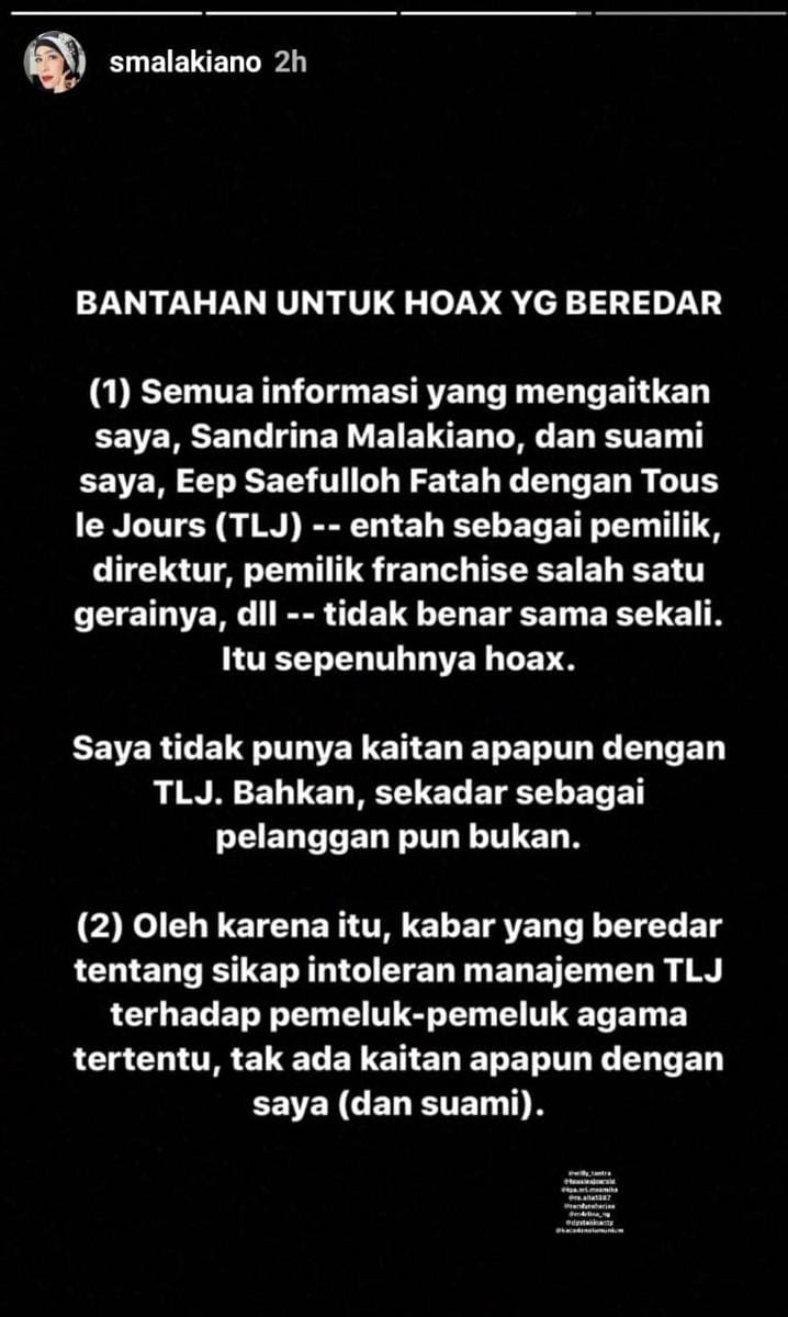 (Klarifikasi Sandrina Malakiano di Instastory) www.instagram.com/@smalakiano