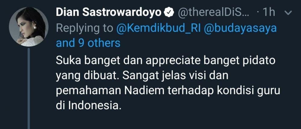 Aktris Dian Sastrowardoyo turut memberi komentar soal pidato hari guru karya Mendikbud Nadiem (Twitter.com/therealDiSastr)