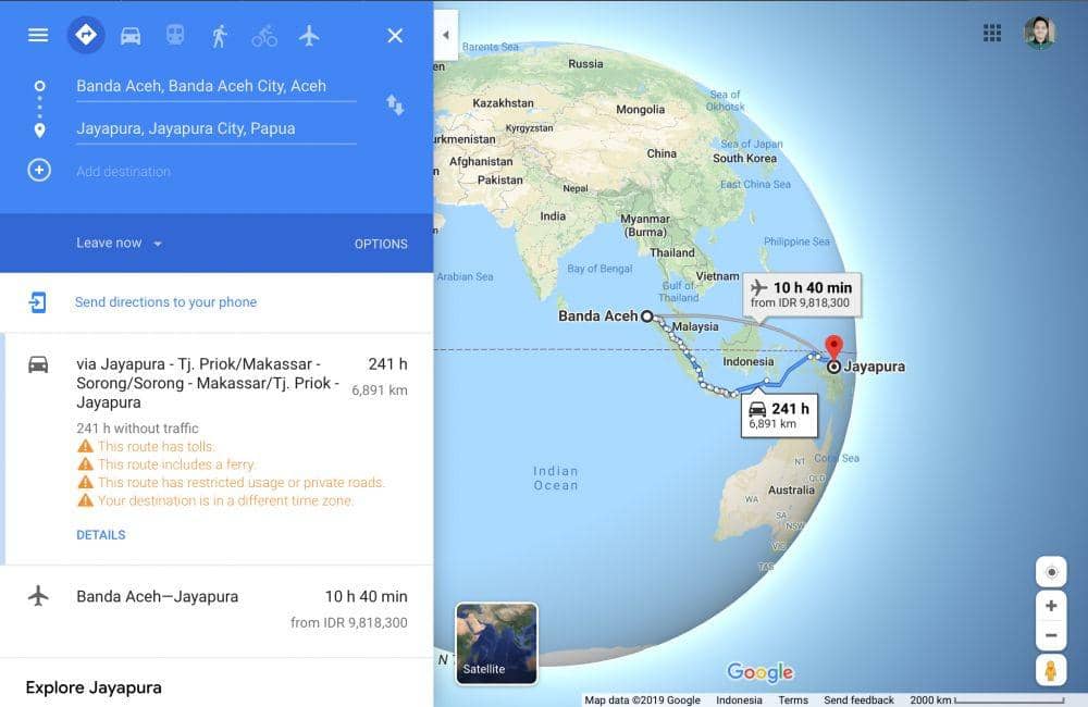Jarak antara Banda Aceh ke Jayapura dilihat dari Google Maps. IDN Times/Isidorus Rio
