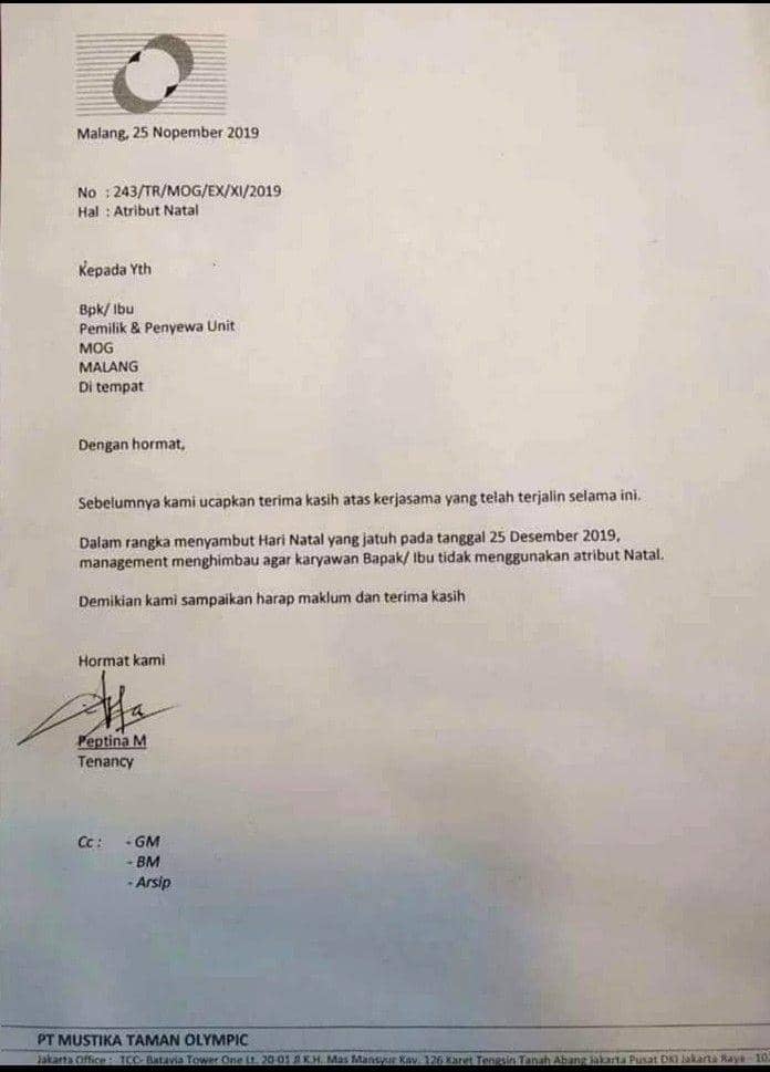 Surat imbauan untuk tidak menggunakan atribut Natal. Dok/Istimewa