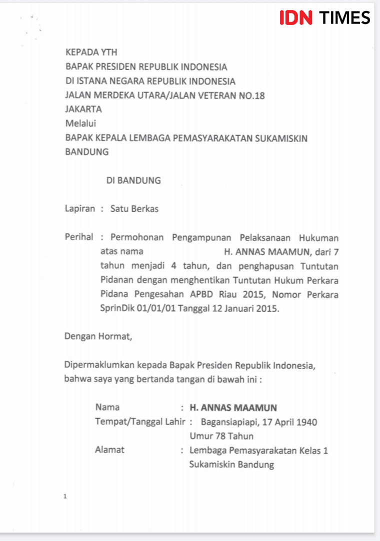 (Tangkapan layar surat Grasi Annas Maamun) IDN Times/Azzis Zulkhairil