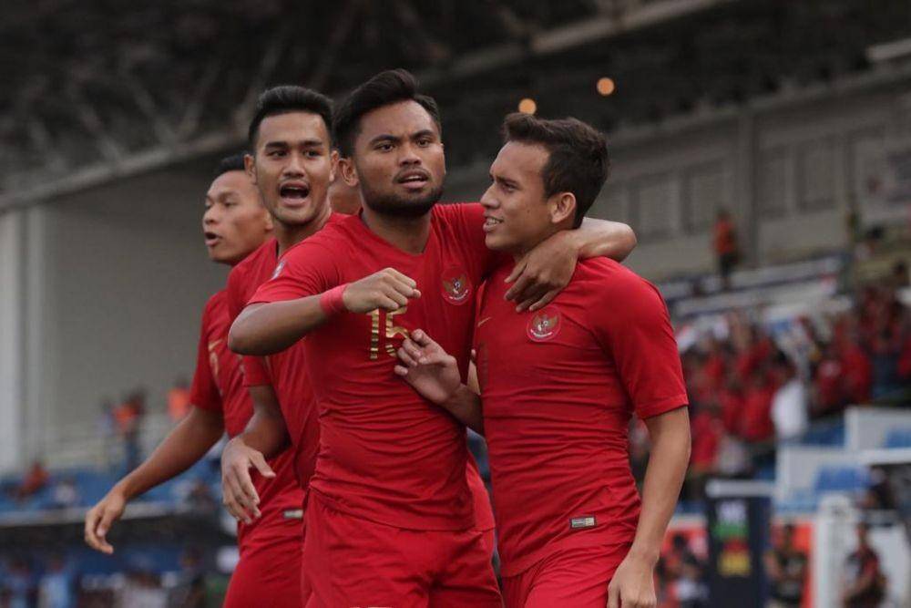Selebrasi pemain timnas U-22, Egy Maulana Fikri saat menjaringkan gol ke gawang Thailand dalam laga perdana SEA Games 2019pada Selasa (26/11). Dok. PSSI