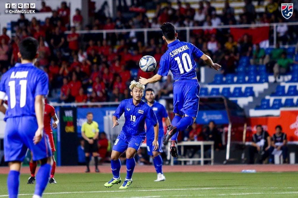 Timnas U-22 Thailand di laga lawan Indonesia pada cabor sepak bola SEA Games 2019, Selasa (26/11) sore (Twitter/@Changsuek_TH)
