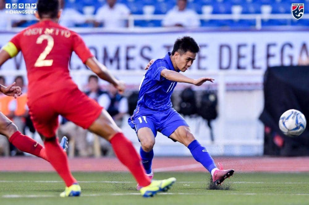Timnas U-22 Thailand di laga lawan Indonesia pada cabor sepak bola SEA Games 2019, Selasa (26/11) sore (Twitter/@Changsuek_TH)