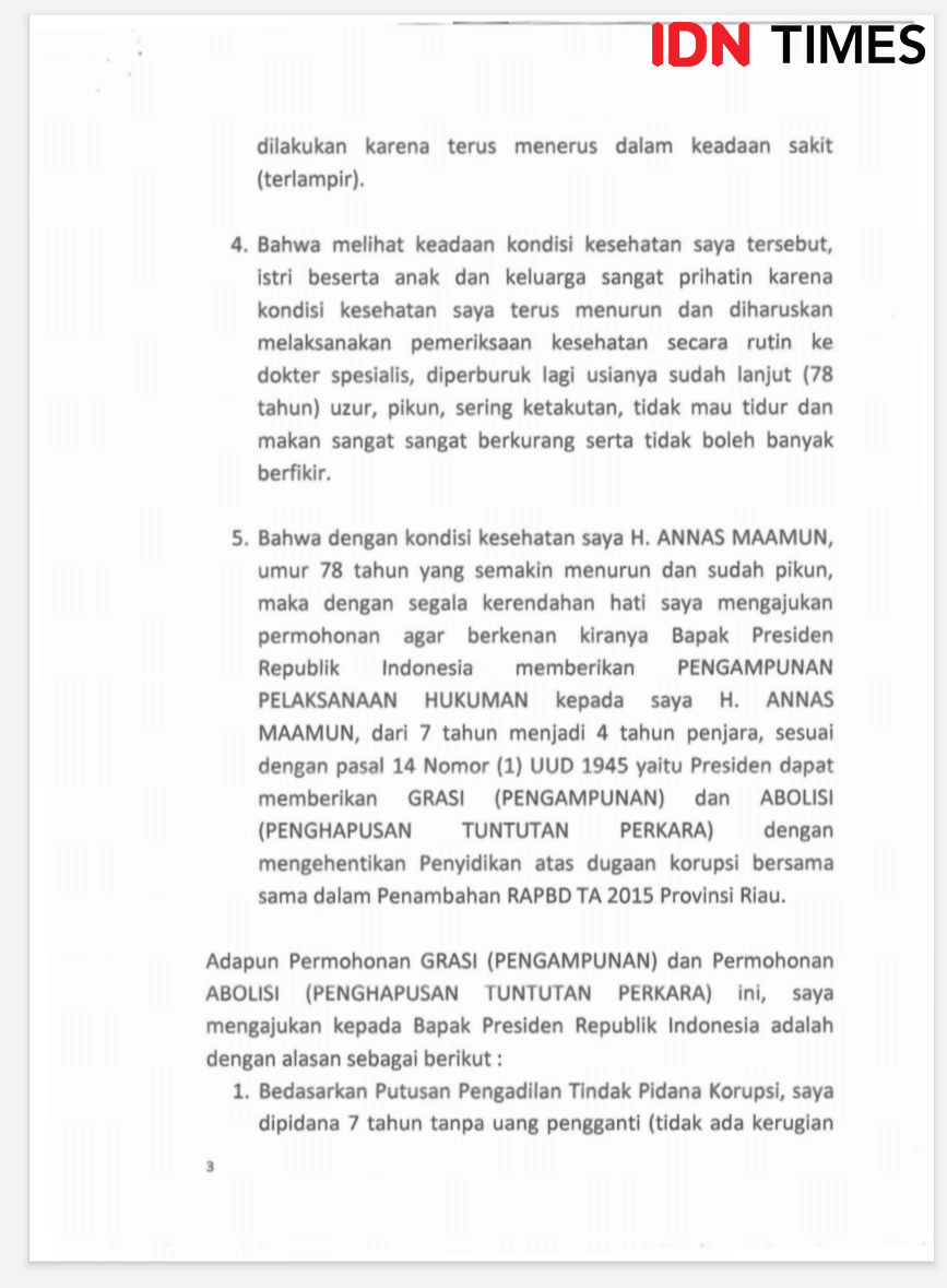 (Tangkapan layar surat Grasi Annas Maamun) IDN Times/Azzis Zulkhairil