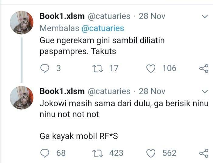 Komentar warganet tentang Presiden Jokowi yang terjebak kemacetan di Jalan Prof DR Satrio, Kuningan, Jakarta Pusat, Kamis (28/11). (Twitter/@catuaries)
