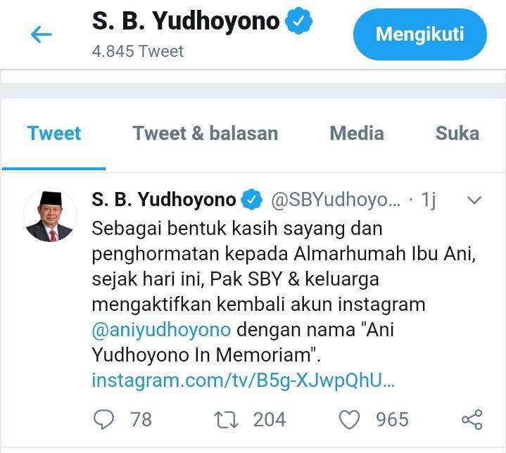 Presiden ke-6 RI Susilo Bambang Yudhoyono (SBY) mengaktifkan kembali akun instagram @aniyudhoyono/ twitter@SBYudhoyono
