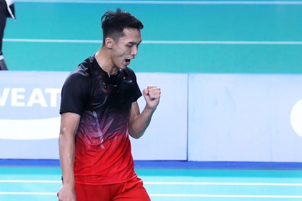 Jonatan Christie beraksi di SEA Games 2019 dalam nomor beregu putra (IDN Times/PBSI)