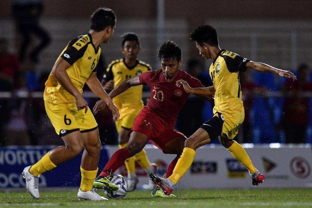 Timnas U-22 saat mengalahkan Brunei 8-0 pada pertandingan Grup B SEA Games 2019 di Stadion Sepak Bola Binan, Laguna, Filipina, Selasa (3/12). ANTARA FOTO/Sigid Kurniawan/pras