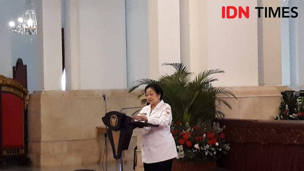 Ketua Dewan Pengarah BPIP Megawati Soekarnoputri memberikan sambutan di Istana Negara, Jakarta Pusat, Selasa 3 Desembet 2019 (IDN Times/Teatrika Handiko Putri)