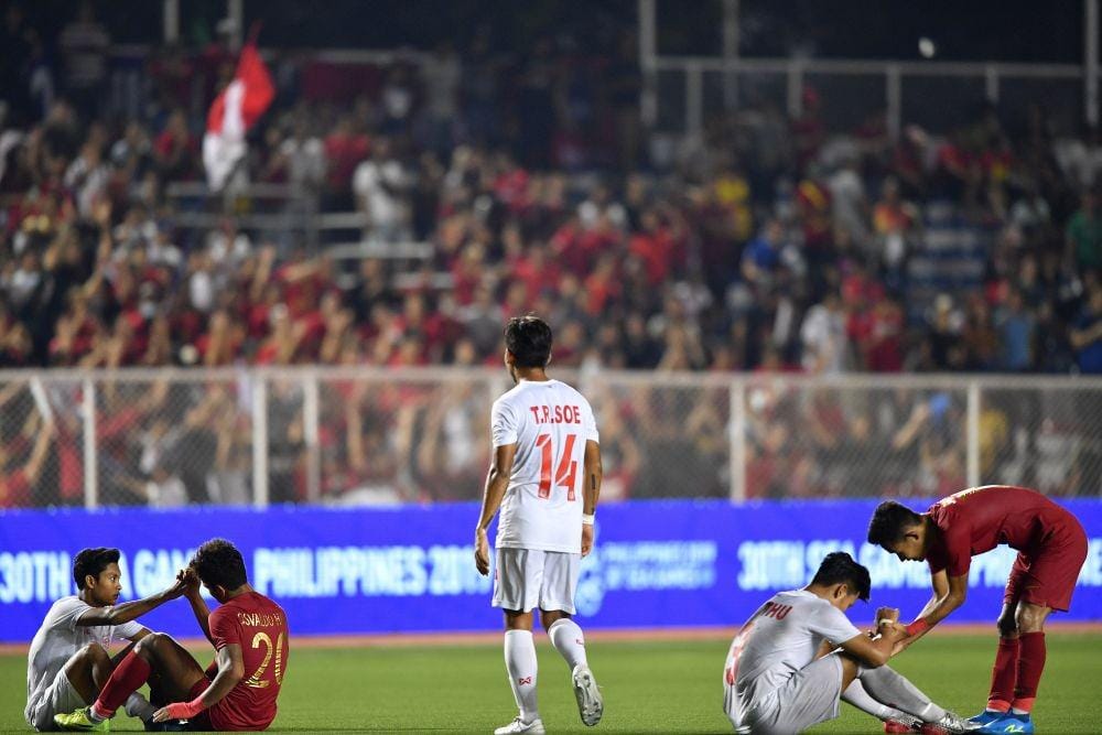 Timnas U-22 meraih kemenangan 4-2 atas Myanmar dalam laga semifinal SEA Games , Sabtu (7/12). ANTARA FOTO/Sigid Kurniawan/wsj.