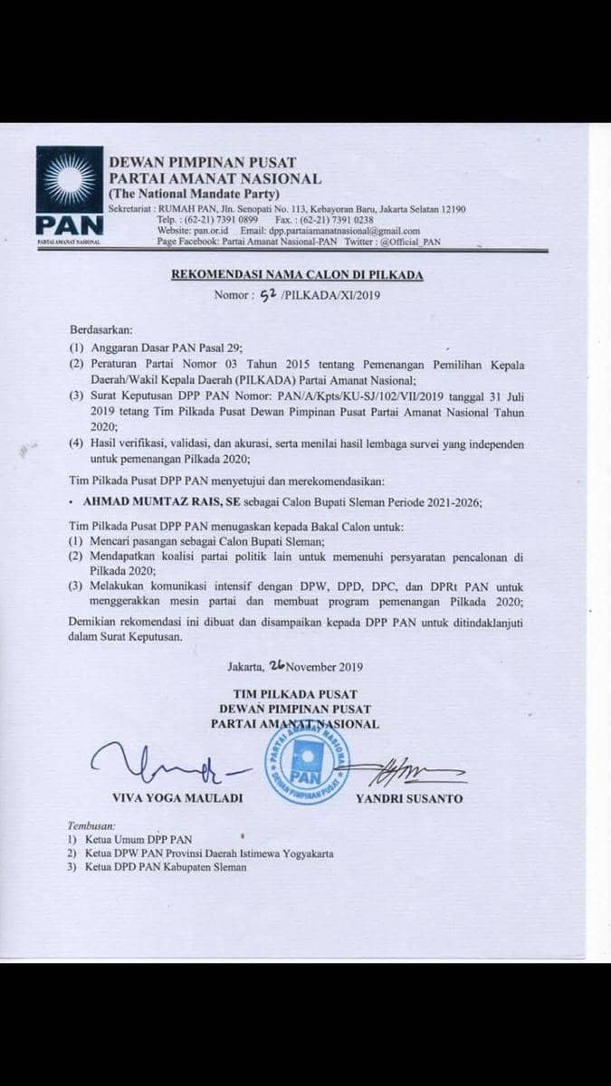 Surat rekomendasi Mumtaz Rais yang beredar luas. Dok:istimewa