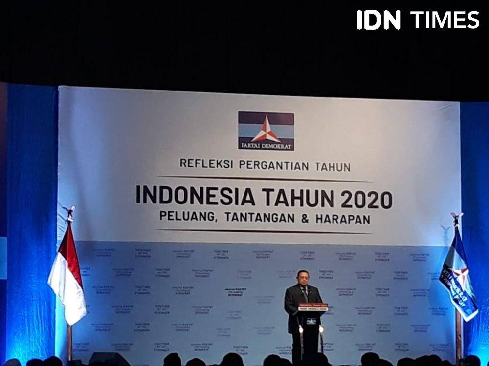 Ketua Umum Partai Demokrat Susilo Bambang Yudhoyono (SBY) saat pidato refleksi akhir tahun di JCC, Senayan, Rabu malam (11/12). (IDN Times/Fitang Budhi Aditya)