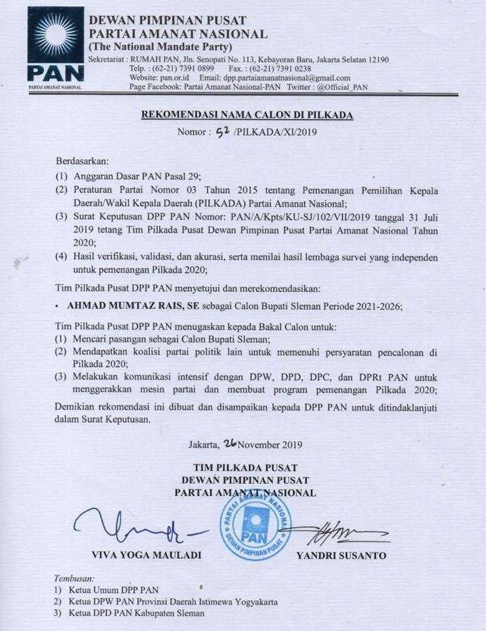 Surat rekomendasi Mumtaz Rais yang beredar di media sosial. (Istimewa)