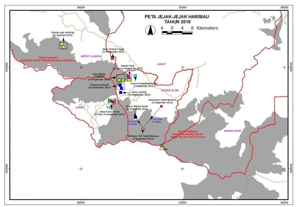 Peta jejak harimau di Sumsel dari data BKSDA Sumsel. (IDN Times/Istimewa)