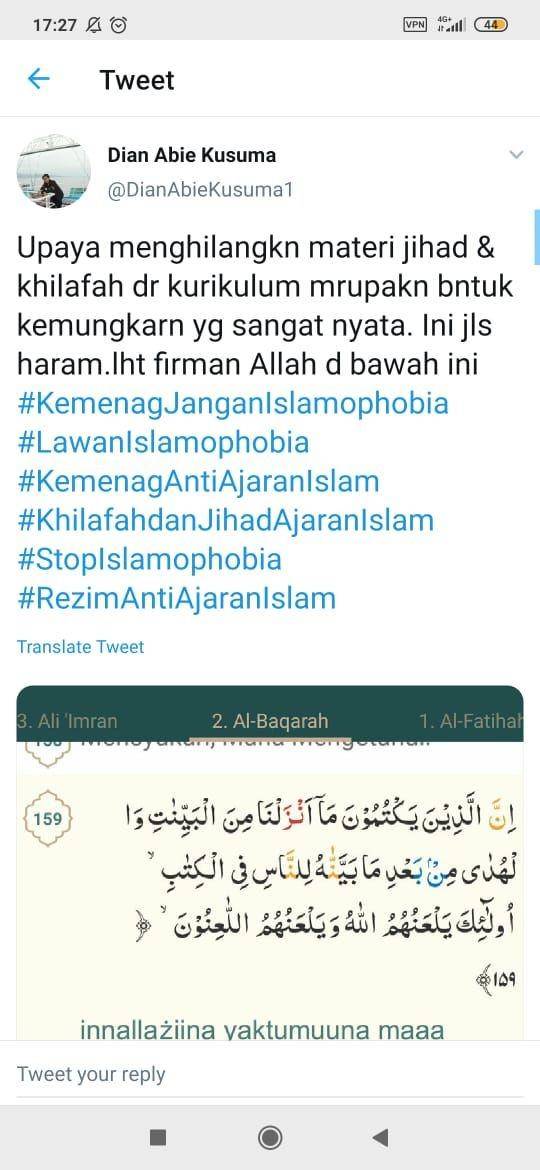 Tagar KemenagAntiAjaranIslam di Twitter (Twitter/@DianAbieKusuma1)