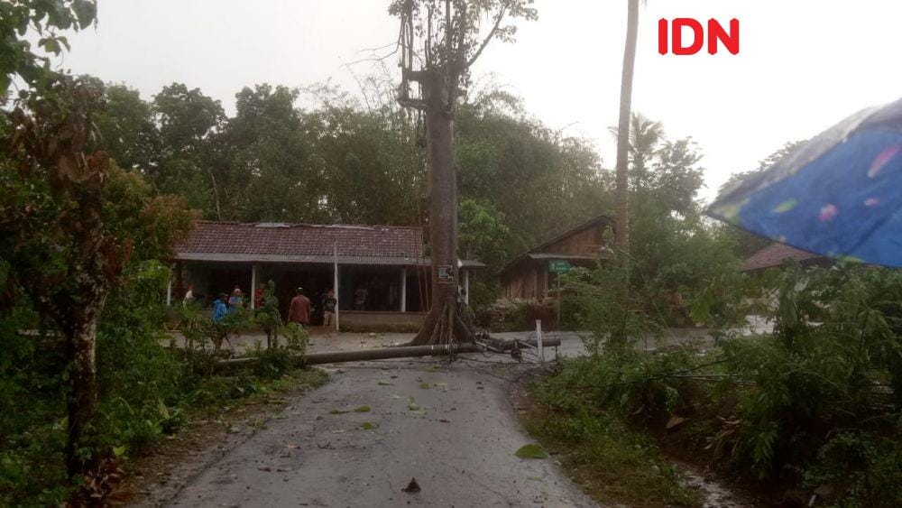 Tiang listrik roboh melintang di jalan. IDN Times/Daruwaskita
