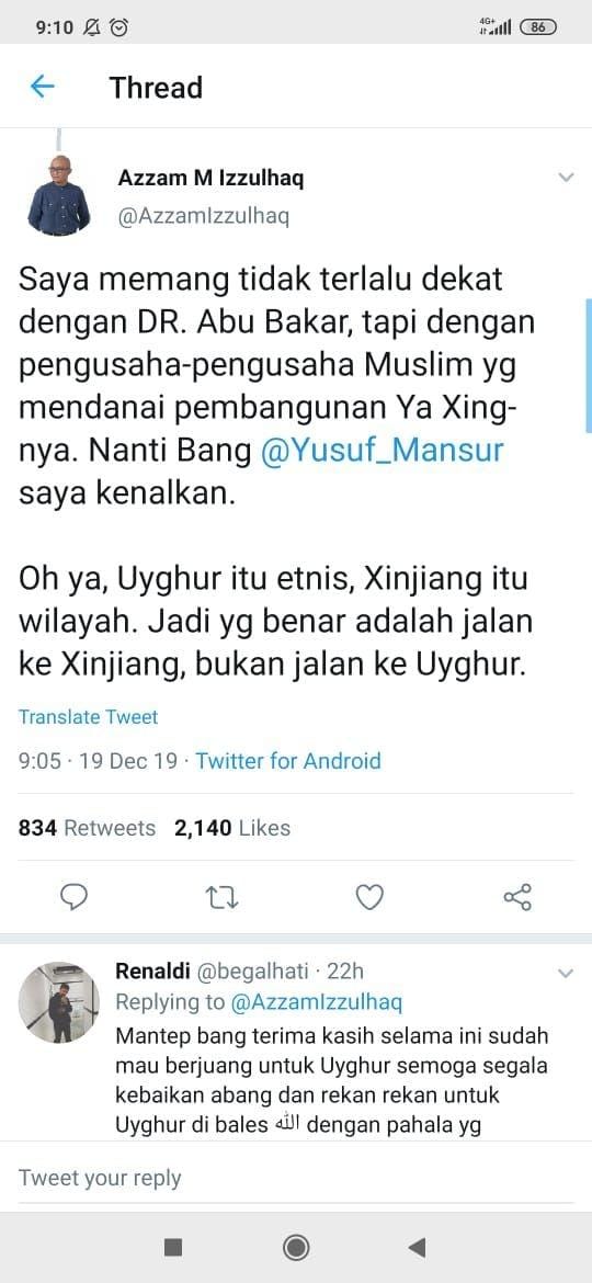 Pernyataan Azzam tentang pernyataan Yusuf Mansur (Twitter/@Azzamlzzulhaq)