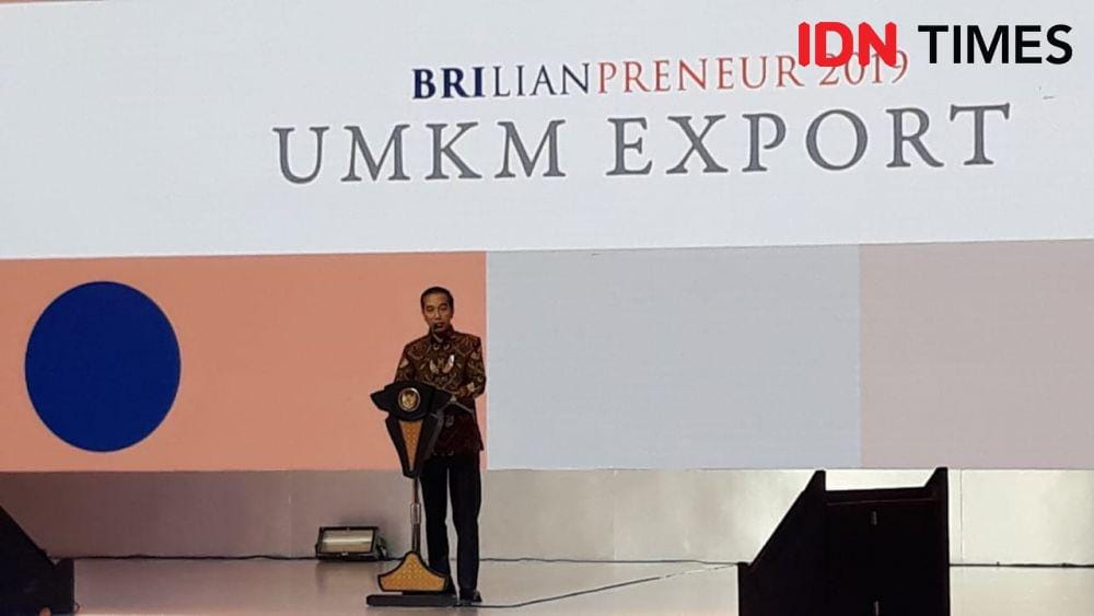 Presiden Jokowi memberi sambutan di acara Brilianpreneur UMKM Export, di JCC, Jakarta Selatan, Jumat 20 Desember 2019 (IDN Times/Teatrika Handiko Putri)