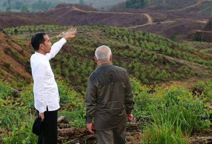 Presiden RI, Jokowi bersama Gubernur Kaltim, Isran Noor saat menujuk kawasan bakal IKN yang berkontur penggunungan (IDN Times/ Istimewa)