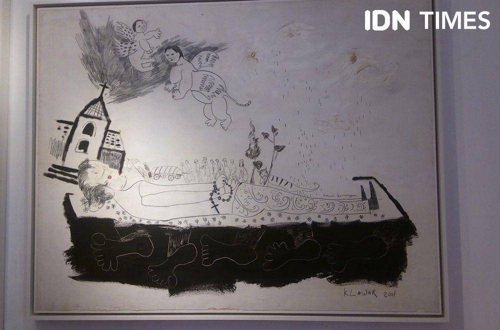 Lukisan Klowor Waldiyono tentang kematian ibunya di Jogja Galery, Yogyakarta, 22 Desember 2019. IDN Times/Pito Agustin Rudiana