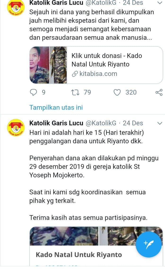 Twitter@KatolikGarisLucu berikan hadiah natal untuk Riyanto/twitter